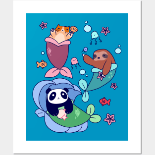 Mermaid Sloth Cat and Panda Posters and Art